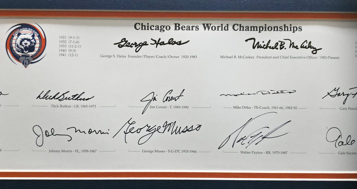 Chicago Bears Greats Autographed Framed Panoramic Photo With 20 Signatures Including Walter Payton Beckett BAS Stock #262546