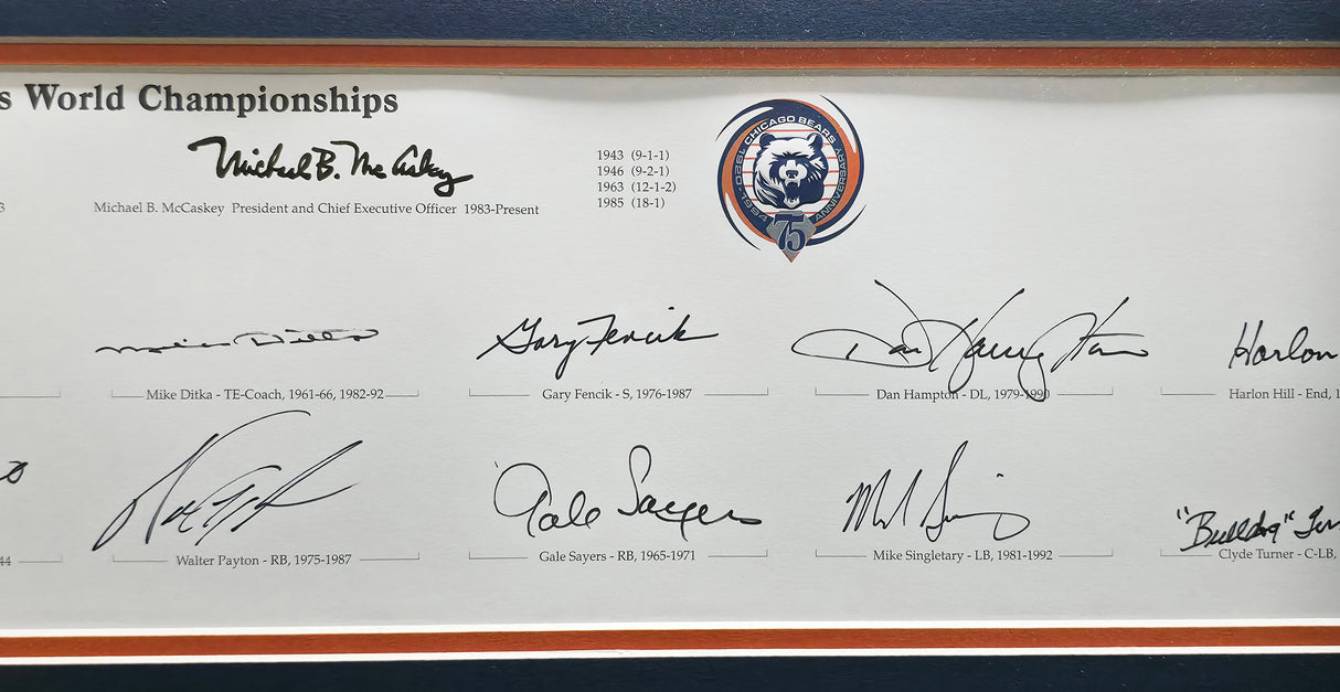 Chicago Bears Greats Autographed Framed Panoramic Photo With 20 Signatures Including Walter Payton Beckett BAS Stock #262546