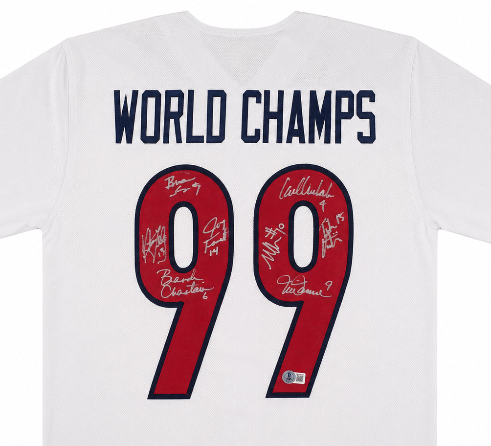 Team USA 1999 Women's World Cup Champions Autographed White Jersey With 8 Signatures Including Hamm & Chastain Beckett BAS Witness Stock #266280