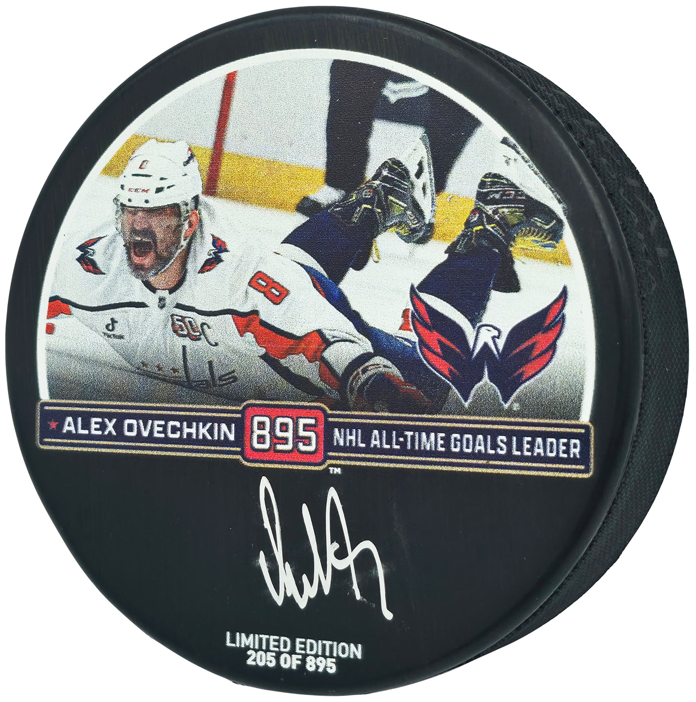 Alex Ovechkin Autographed Official Washington Capitals Record Breaking Goal Logo Hockey Puck #/895 Fanatics Holo Stock #251007