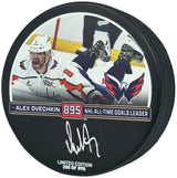 Alex Ovechkin Autographed Official Washington Capitals Record Breaking Goal Logo Hockey Puck #/895 Fanatics Holo Stock #251007