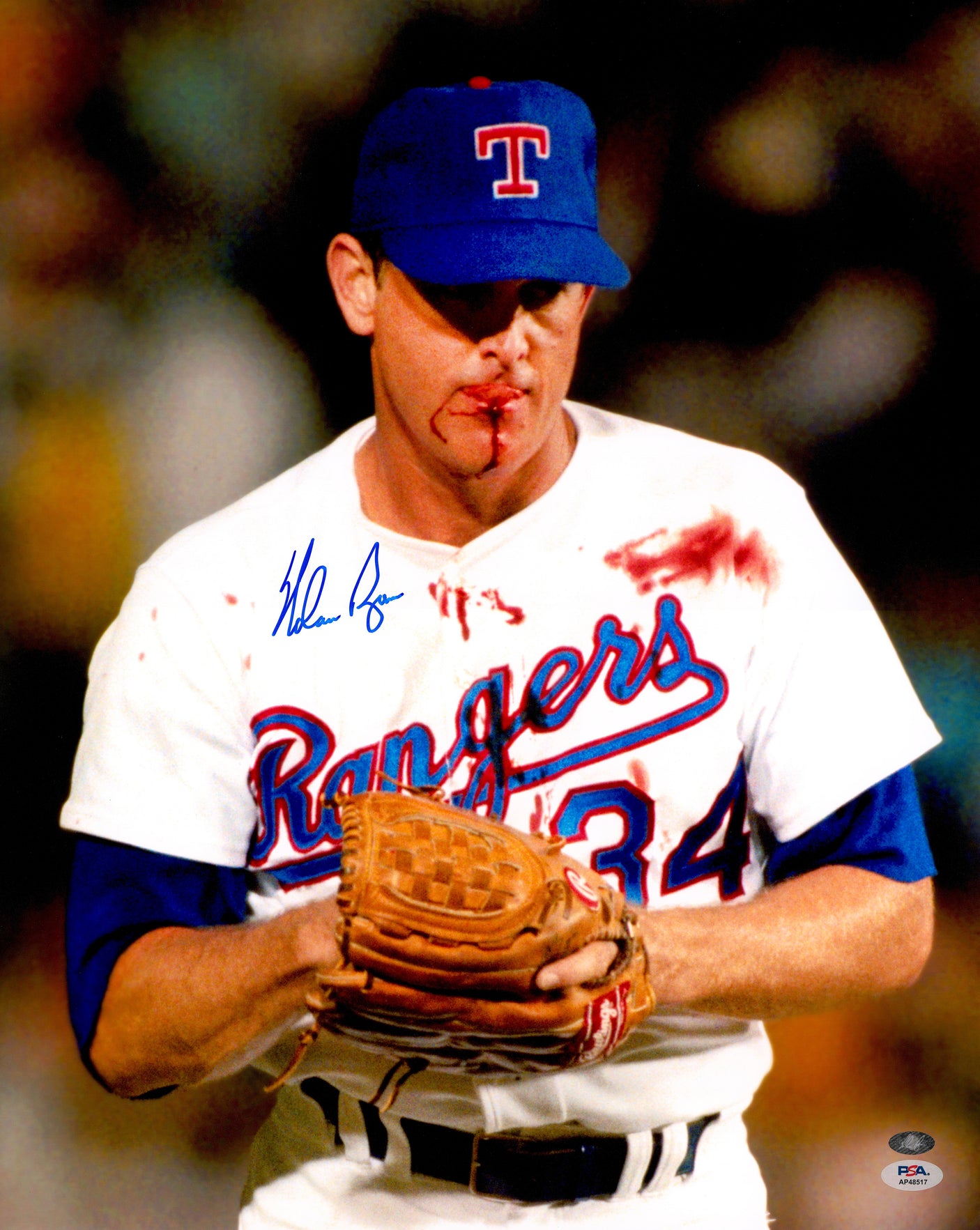 Nolan Ryan Autographed 16x20 Photo Texas Rangers Bloody Lip PSA/DNA Stock #252362