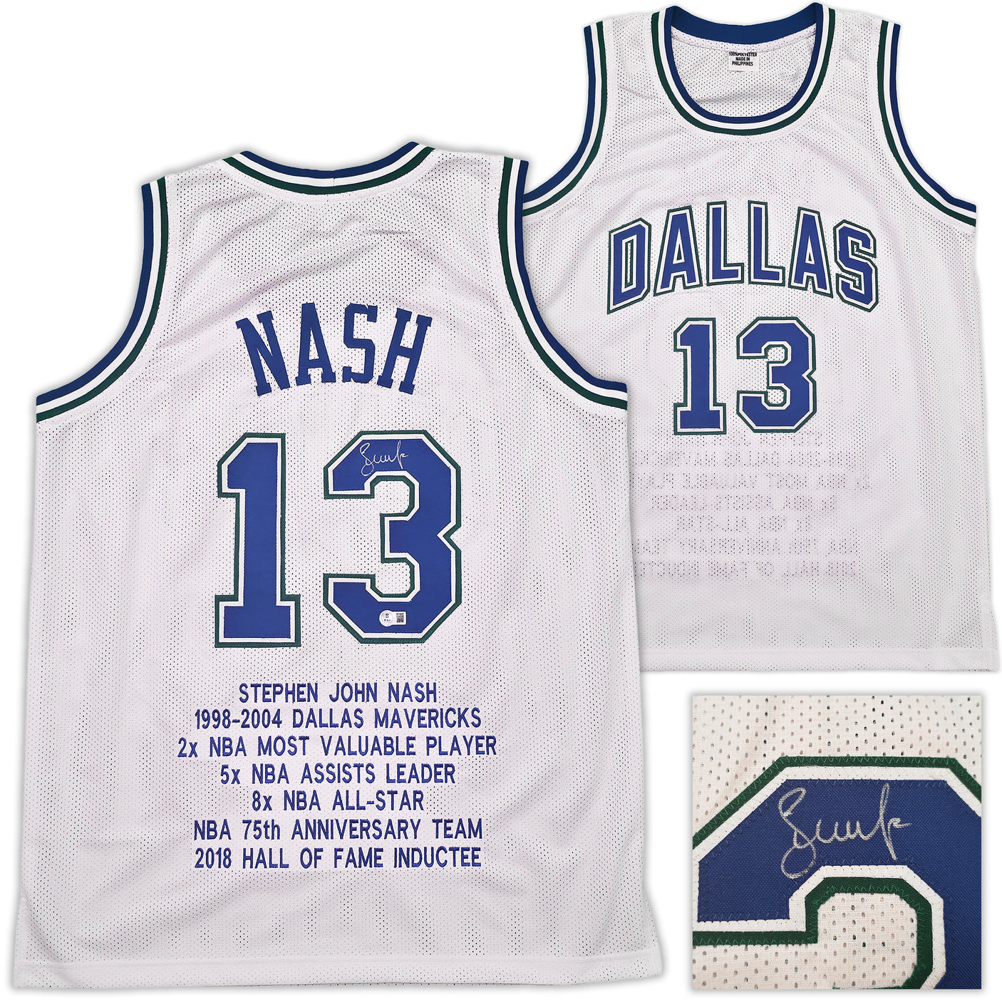Dallas Mavericks Steve Nash Autographed White Stat Jersey Beckett BAS Witness Stock #252469