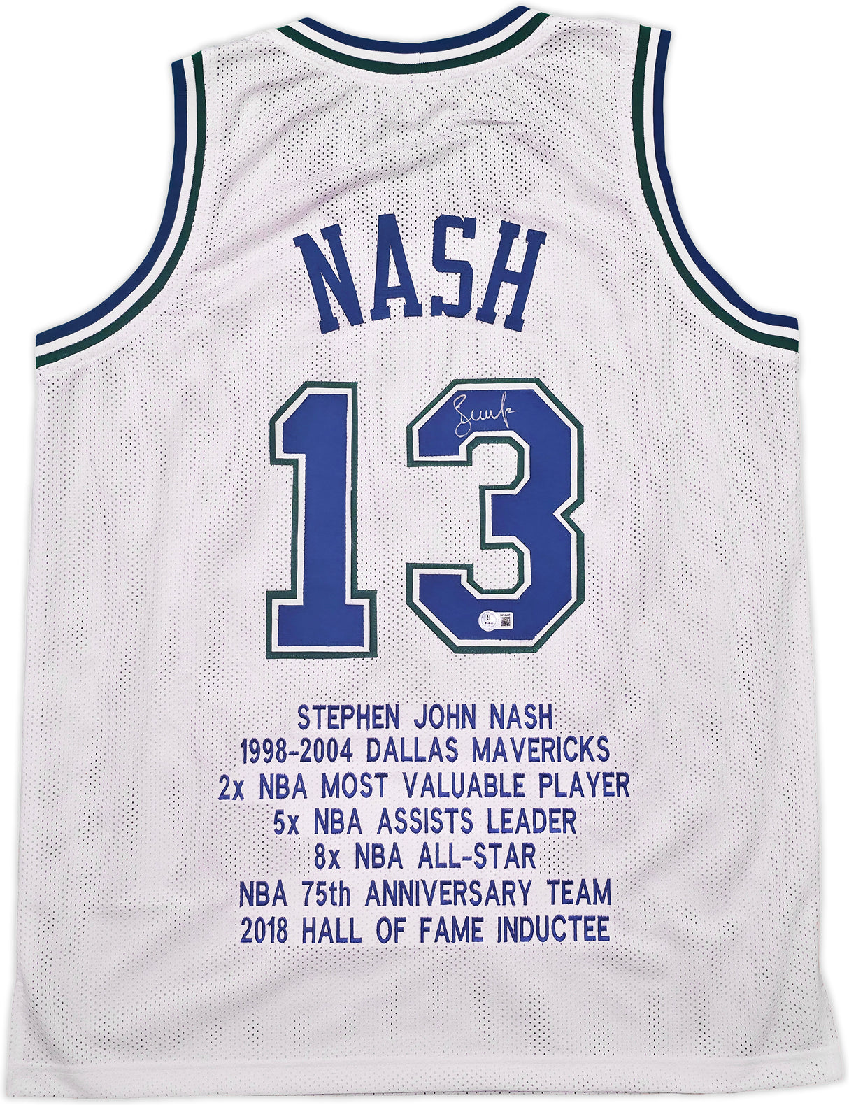 Dallas Mavericks Steve Nash Autographed White Stat Jersey Beckett BAS Witness Stock #252469
