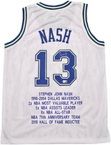 Dallas Mavericks Steve Nash Autographed White Stat Jersey Beckett BAS Witness Stock #252469