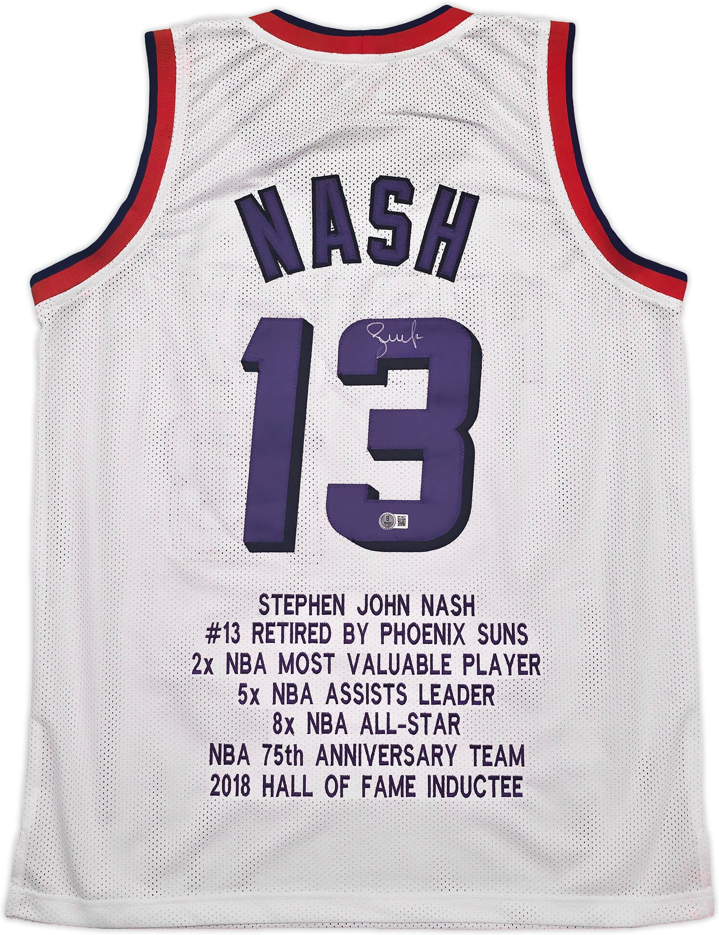 Phoenix Suns Steve Nash Autographed White Stat Jersey Beckett BAS Witness Stock #252473