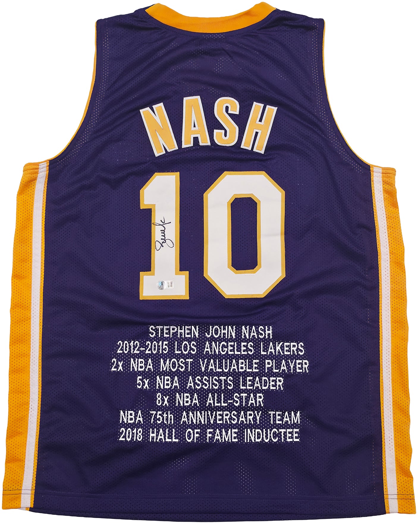 Los Angeles Lakers Steve Nash Autographed Purple Stat Jersey Beckett BAS Witness Stock #252474
