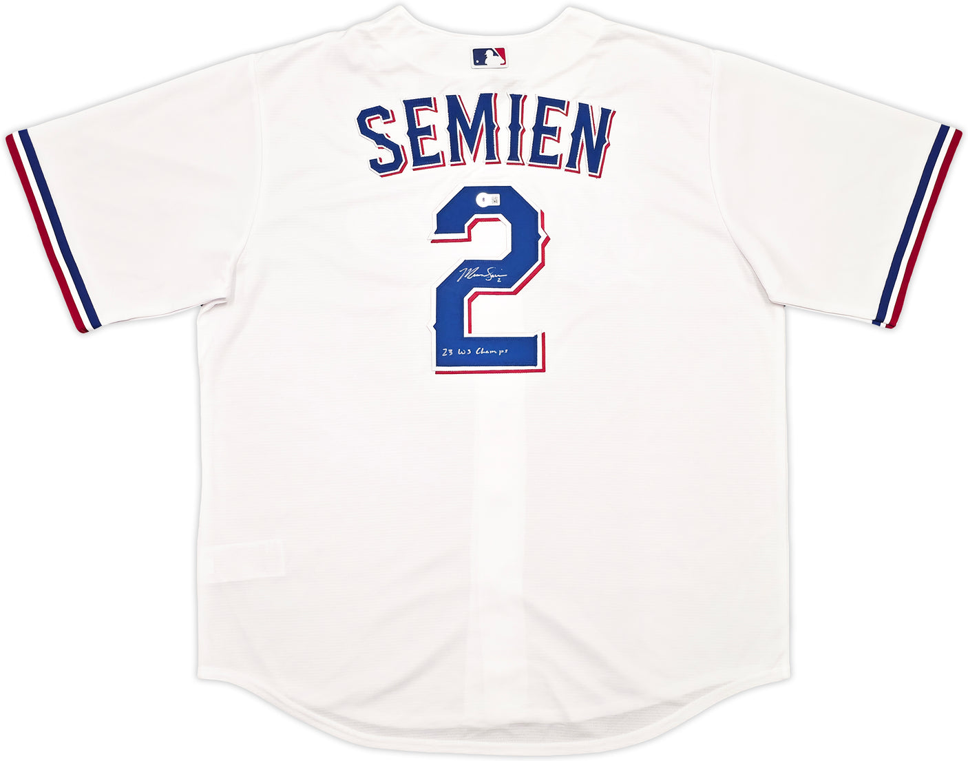 Texas Rangers Marcus Semien Autographed White Nike Jersey Size XL "23 WS Champs" Beckett BAS Witness Stock #252434