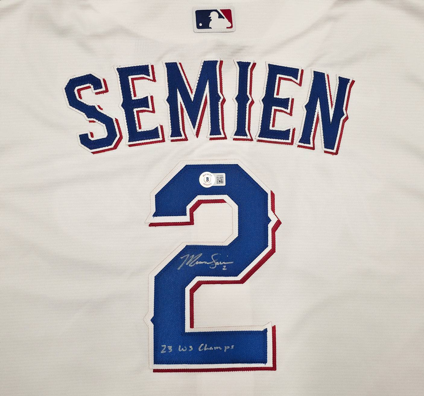 Texas Rangers Marcus Semien Autographed White Nike Jersey Size XL "23 WS Champs" Beckett BAS Witness Stock #252434
