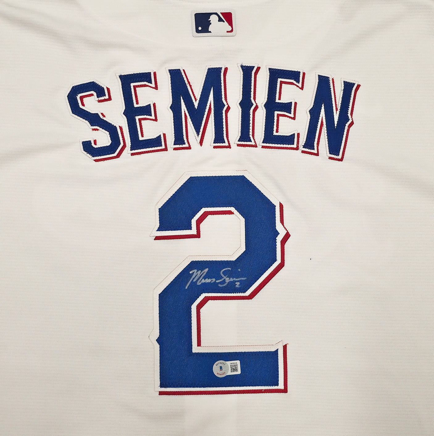 Texas Rangers Marcus Semien Autographed White Nike Jersey Size XL Beckett BAS Witness Stock #252431