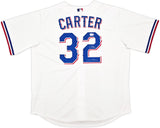 Texas Rangers Evan Carter Autographed White Nike Jersey Size XL "23 WS Champs" Beckett BAS Witness Stock #252437