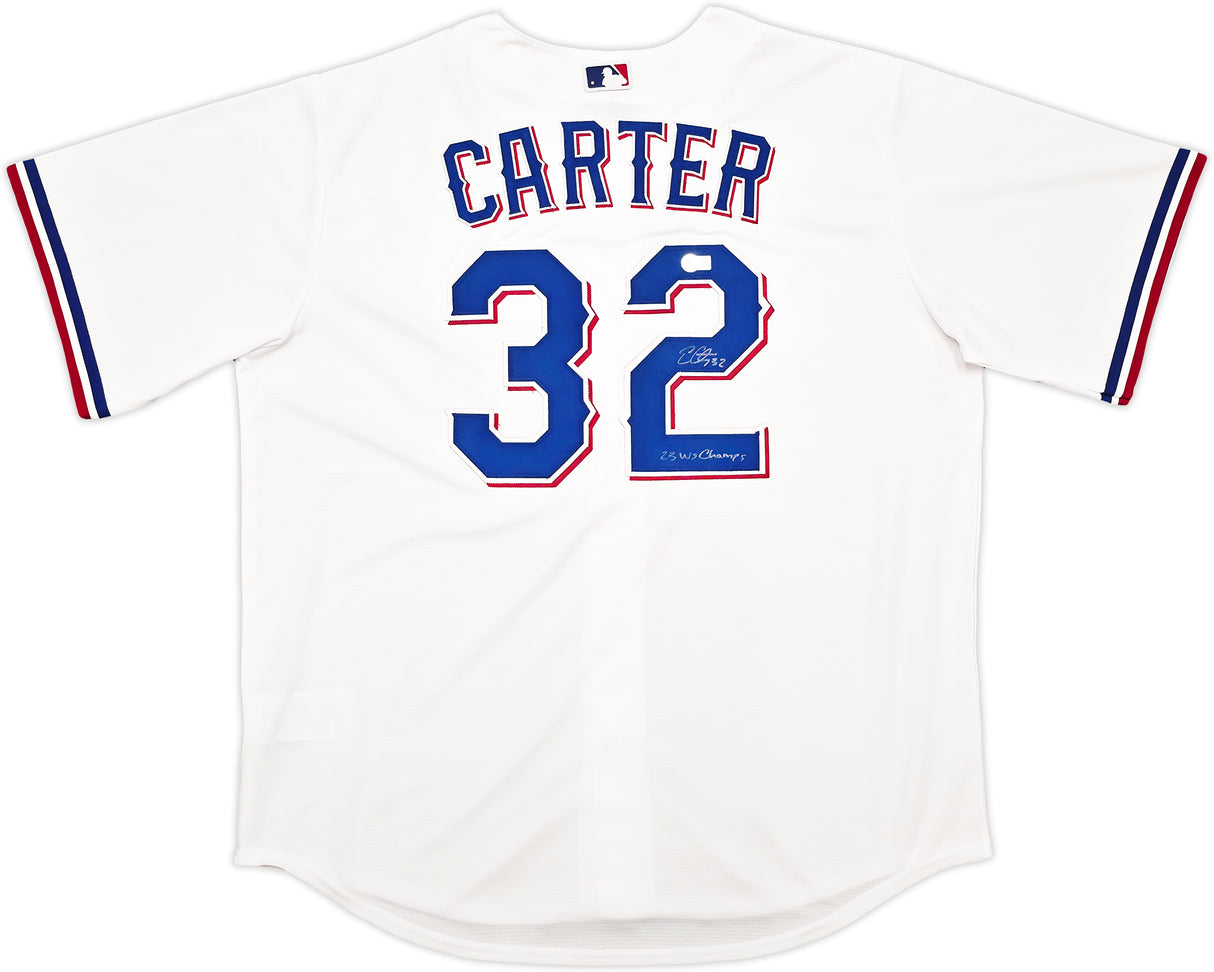 Texas Rangers Evan Carter Autographed White Nike Jersey Size XL "23 WS Champs" Beckett BAS Witness Stock #252437