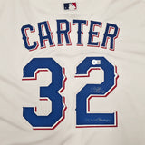 Texas Rangers Evan Carter Autographed White Nike Jersey Size XL "23 WS Champs" Beckett BAS Witness Stock #252437