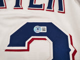 Texas Rangers Evan Carter Autographed White Nike Jersey Size XL "23 WS Champs" Beckett BAS Witness Stock #252437