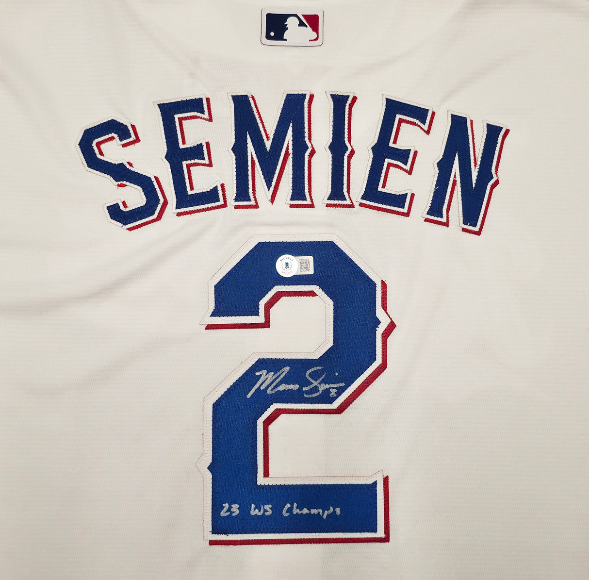 Texas Rangers Marcus Semien Autographed White Nike Jersey Size XXL "23 WS Champs" Beckett BAS Witness Stock #252435
