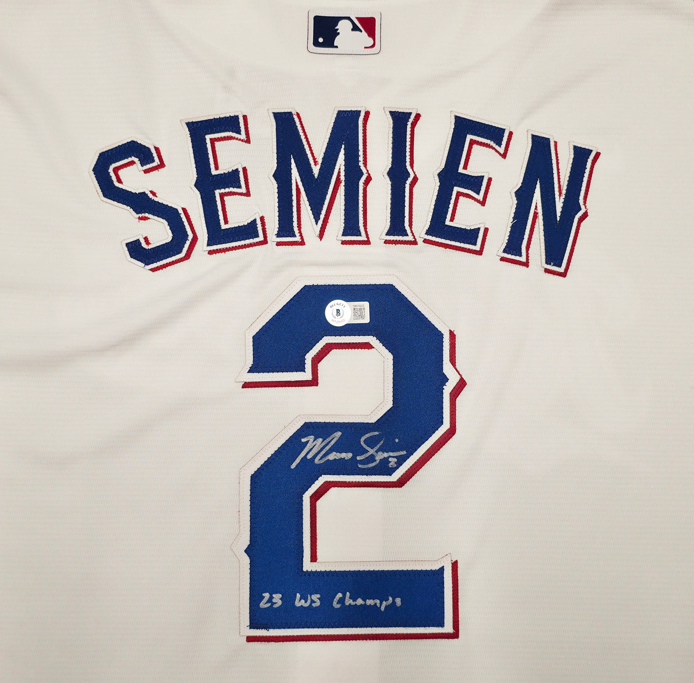 Texas Rangers Marcus Semien Autographed White Nike Jersey Size XXL "23 WS Champs" Beckett BAS Witness Stock #252435