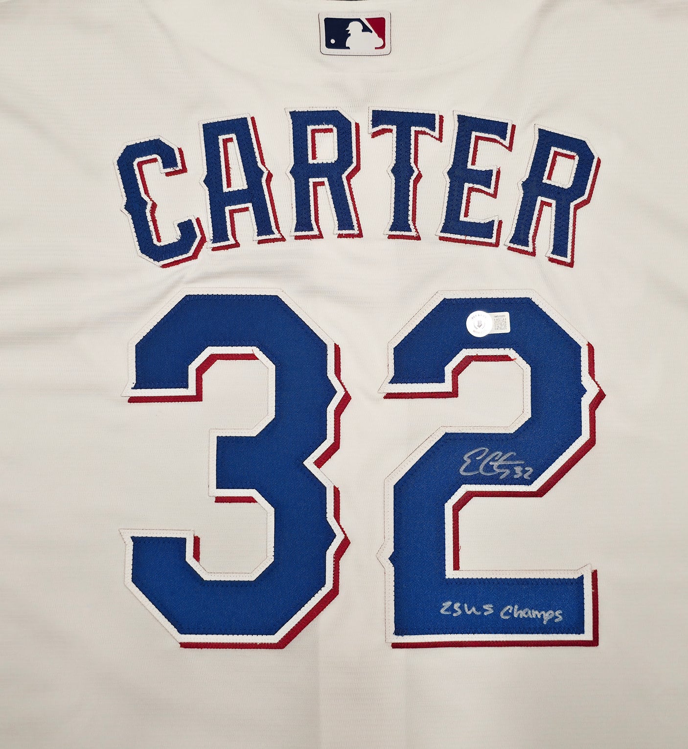 Texas Rangers Evan Carter Autographed White Nike Jersey Size XXL "23 WS Champs" Beckett BAS Witness Stock #252438