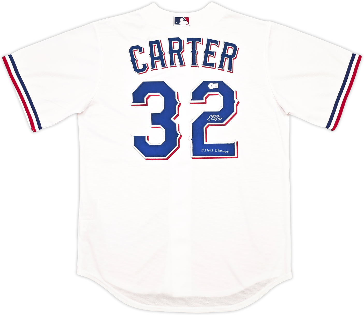 Texas Rangers Evan Carter Autographed White Nike Jersey Size M "23 WS Champs" Beckett BAS Witness Stock #252436