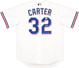 Texas Rangers Evan Carter Autographed White Nike Jersey Size M "23 WS Champs" Beckett BAS Witness Stock #252436