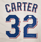 Texas Rangers Evan Carter Autographed White Nike Jersey Size M "23 WS Champs" Beckett BAS Witness Stock #252436