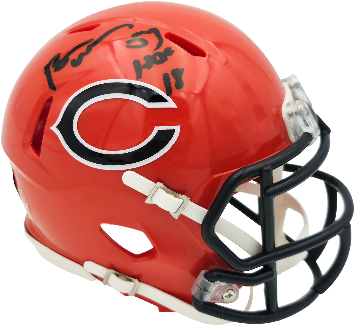 Brian Urlacher Autographed Chicago Bears Orange 2022 Alternate Speed Mini Helmet "HOF 18" Beckett BAS Witness Stock #267945