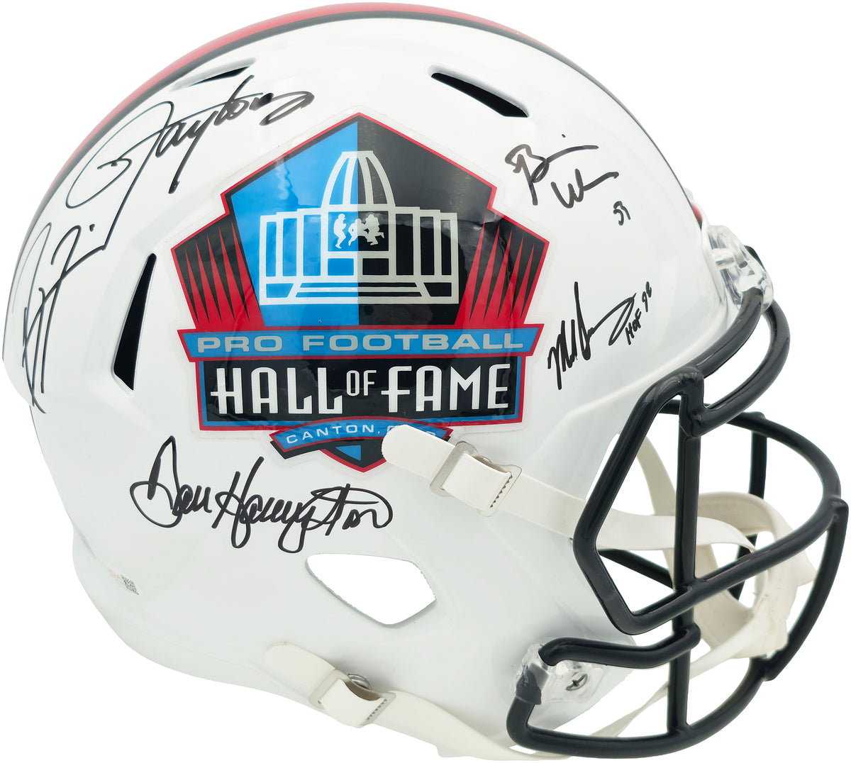 Hall of Fame Linebackers Autographed White Full Size HOF Logo Speed Replica Helmet With 5 Signatures Including Lawrence Taylor Beckett BAS Witness Stock #267941