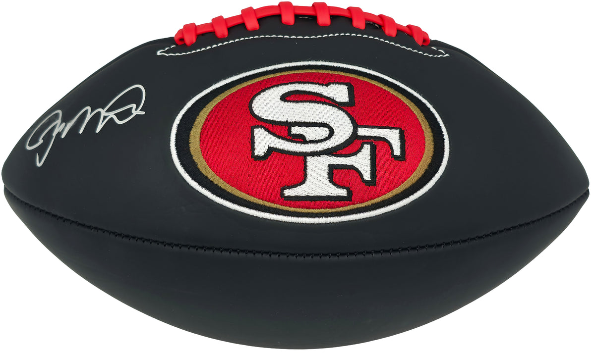 Joe Montana Autographed Black Rawlings San Francisco 49ers Logo Football (Smudged) Beckett BAS Witness Stock #267648