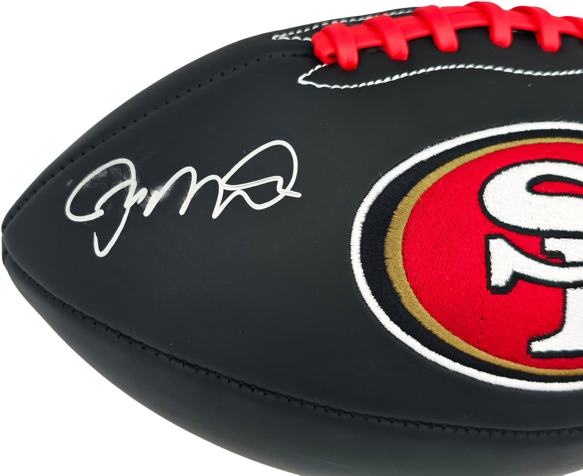 Joe Montana Autographed Black Rawlings San Francisco 49ers Logo Football (Smudged) Beckett BAS Witness Stock #267648