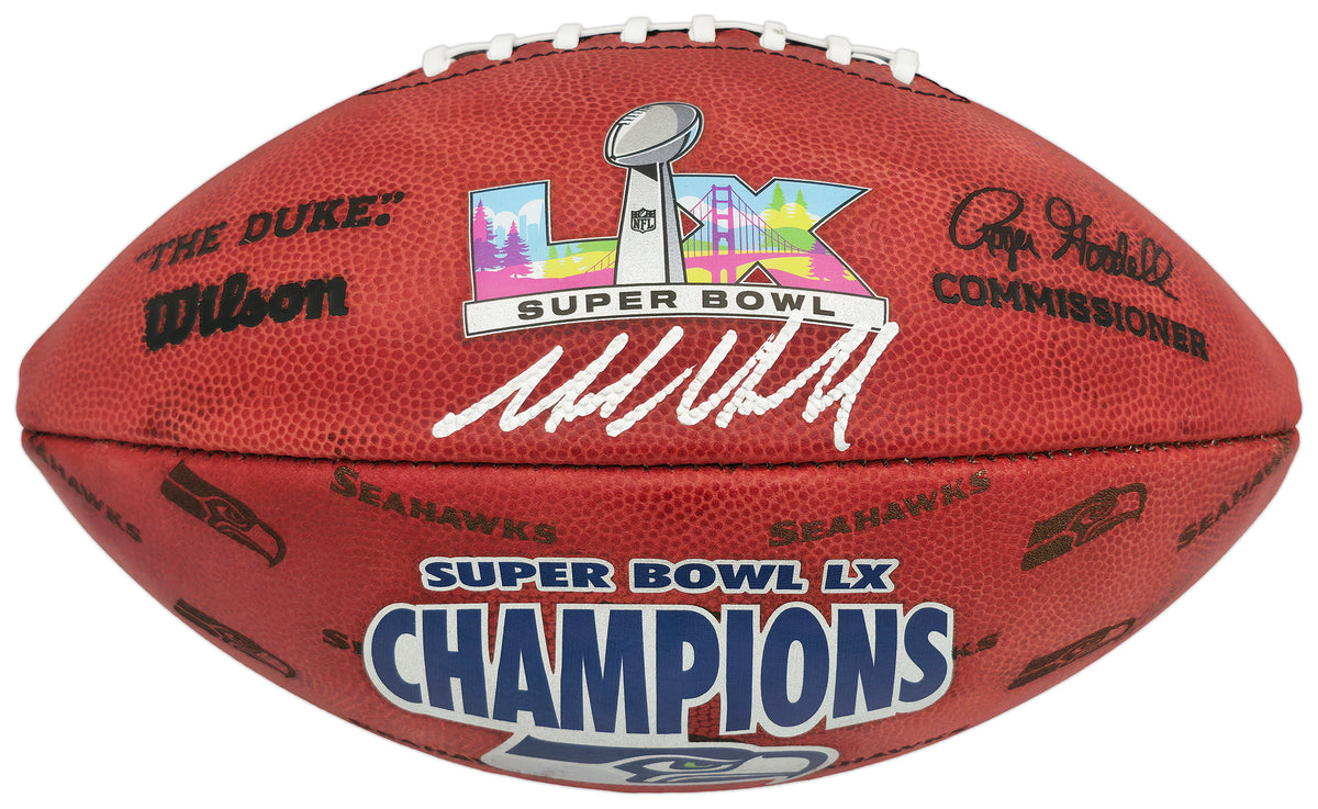 Mike Macdonald Autographed Official Super Bowl LX Commemorative Leather Football Seattle Seahawks Beckett BAS Witness Stock #267794