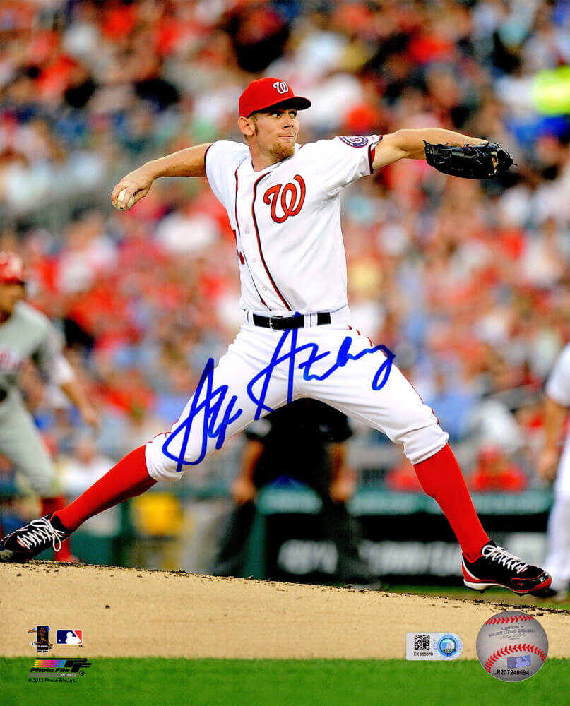 Stephen Strasburg Signed Washington Nationals White Jersey Pitching Action 8x10 Photo