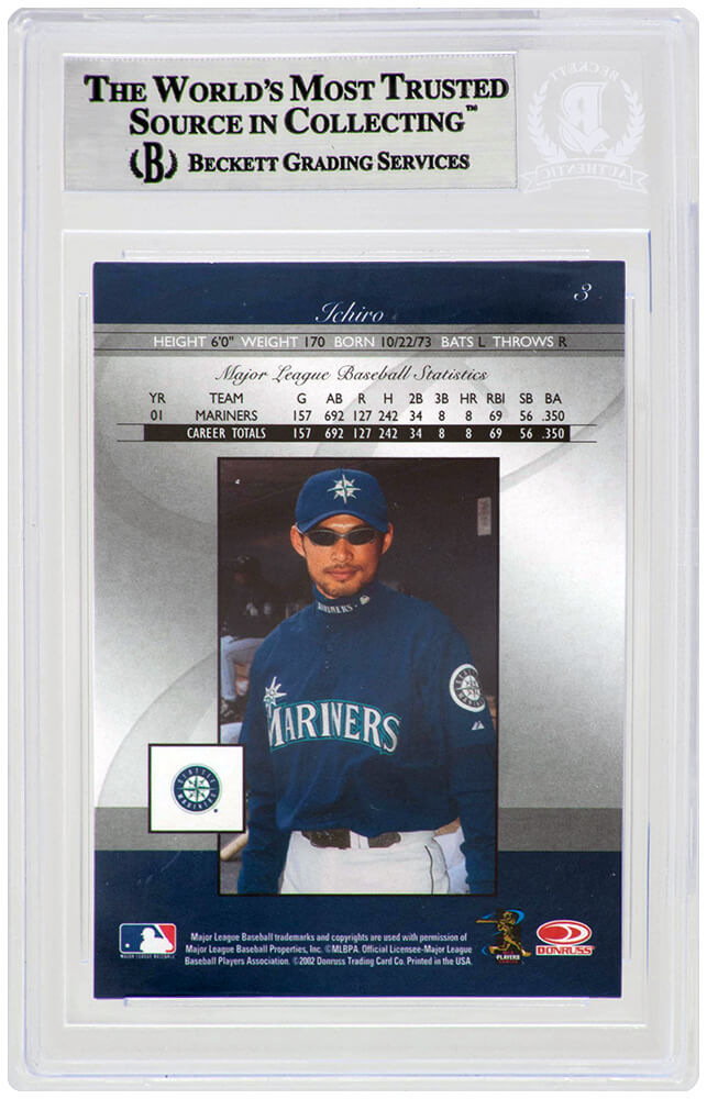 Ichiro Suzuki Signed Seattle Mariners 2002 Donruss Elite Baseball Trading Card #3 - (Beckett Encapsulated)