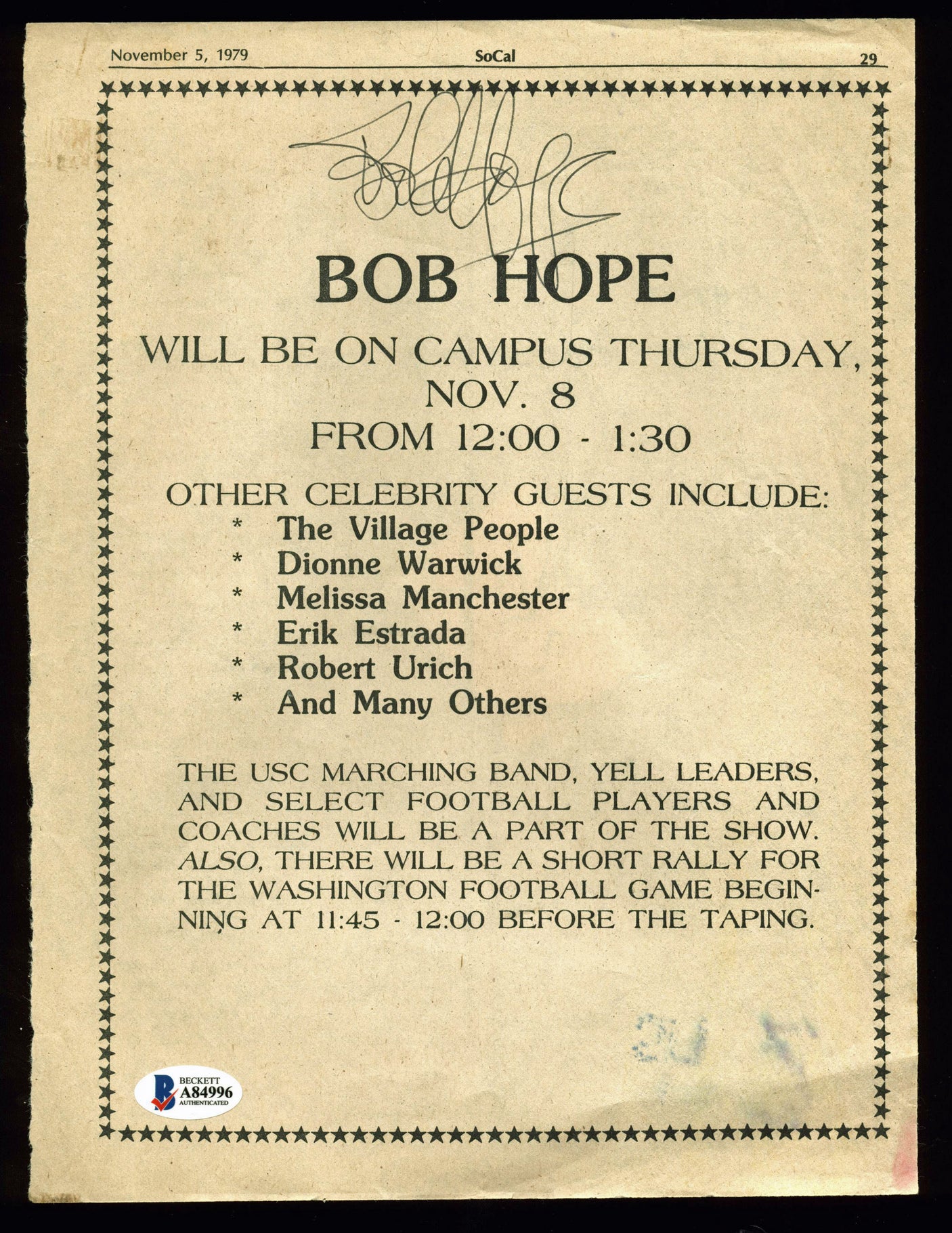 Bob Hope Authentic Signed 8.25x11 USC Campus Visit Flyer BAS #A84996