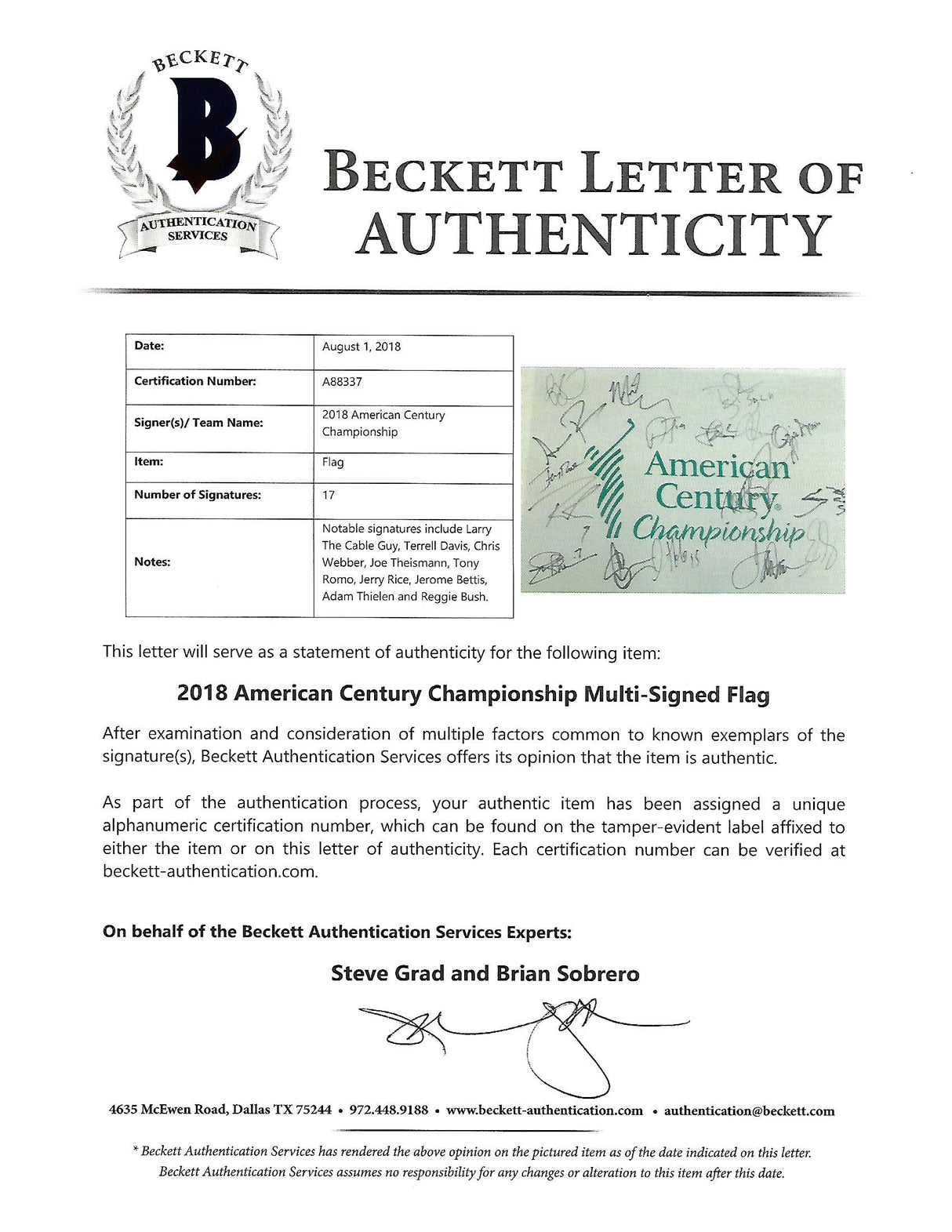 American Century (17) Romo, Rice, Bettis, Pederson Signed Pin Flag BAS #A88337