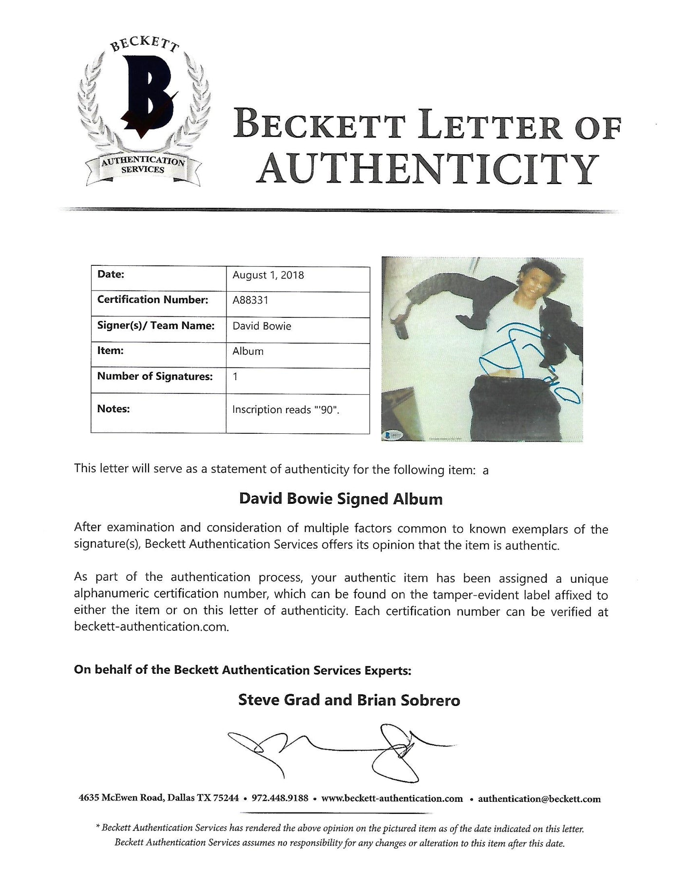 David Bowie Authentic Signed Lodger Album Cover W/ Vinyl Autographed BAS #A88331