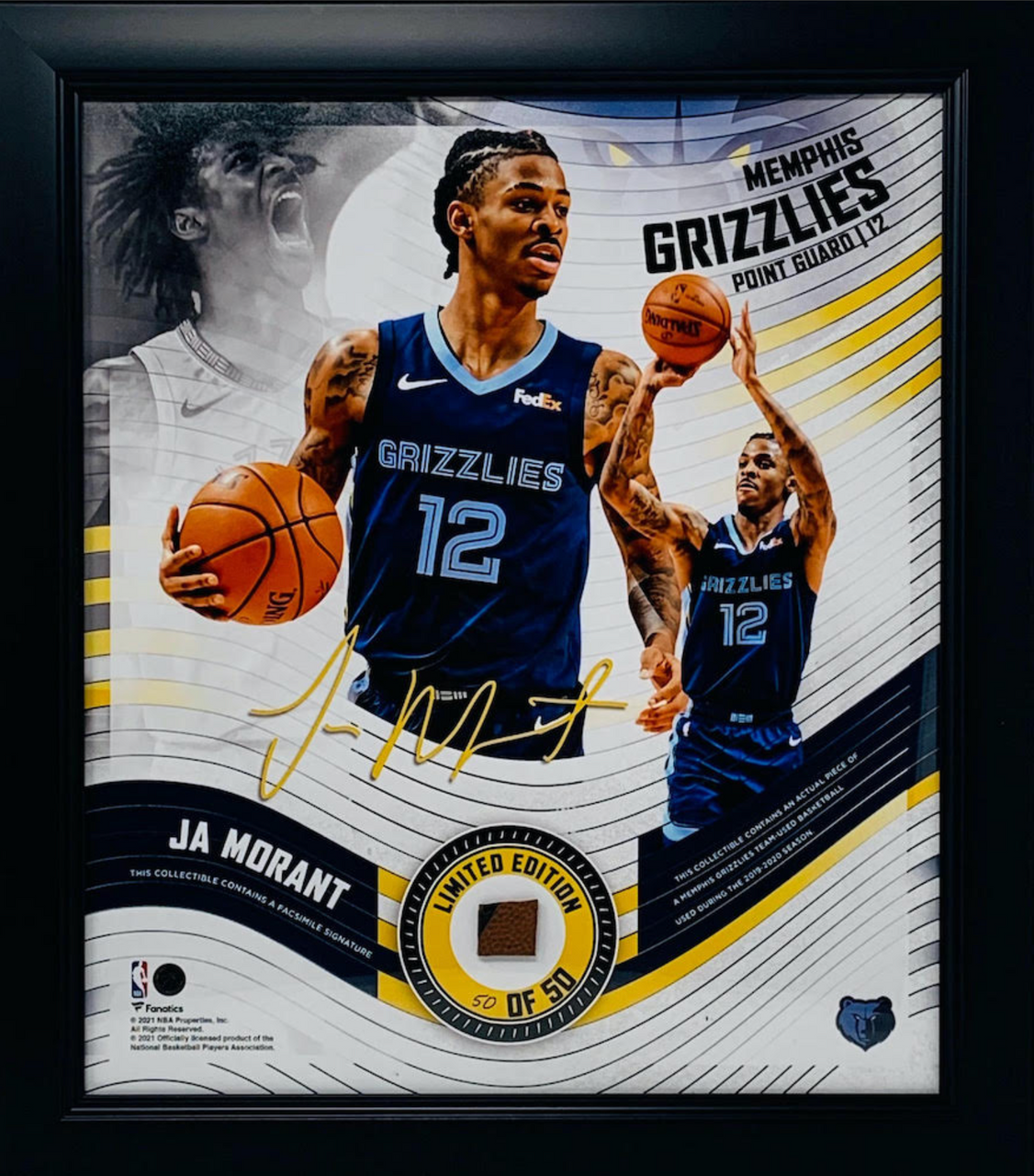 JA MORANT Grizzlies Framed 15" x 17" Game Used Basketball Display LE 50/50