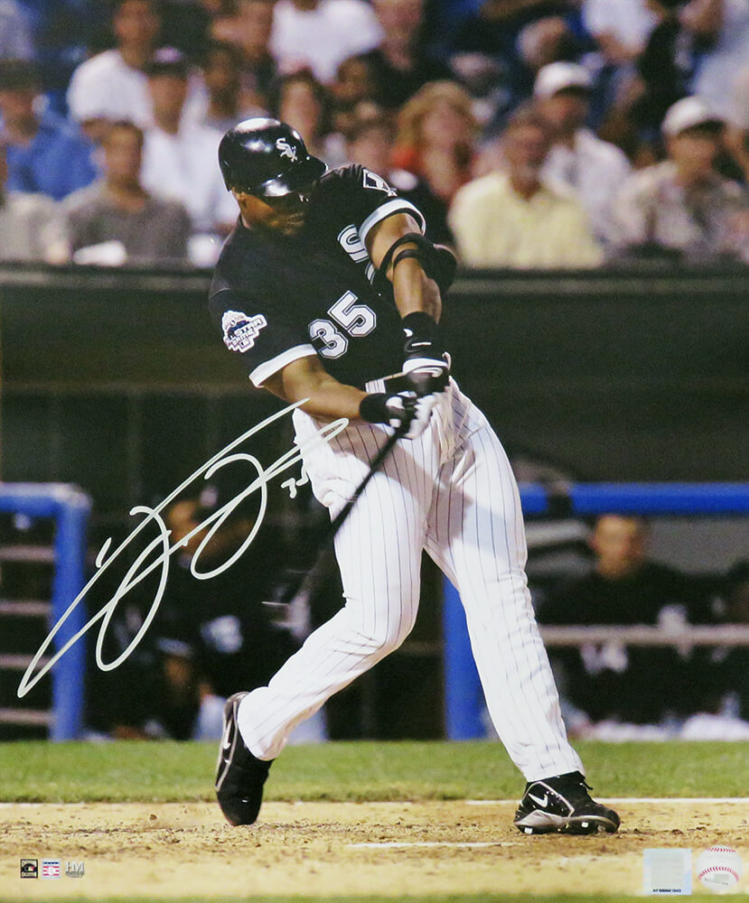 Frank Thomas Signed Chicago White Sox Black Jersey Swinging Action 16x20 Photo