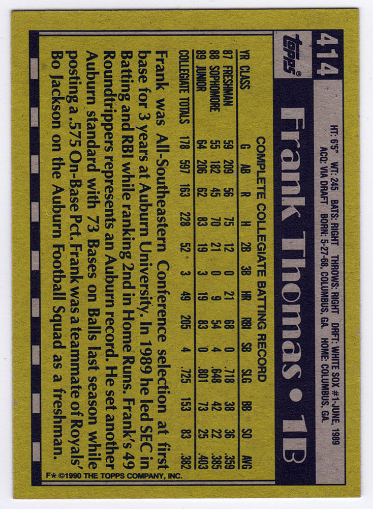 Frank Thomas Signed Chicago White Sox 1990 Topps Rookie Baseball Card #414 w/HOF 2014