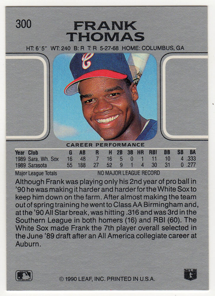 Frank Thomas Signed Chicago White Sox 1990 Leaf Rookie Baseball Card #300 w/HOF 2014