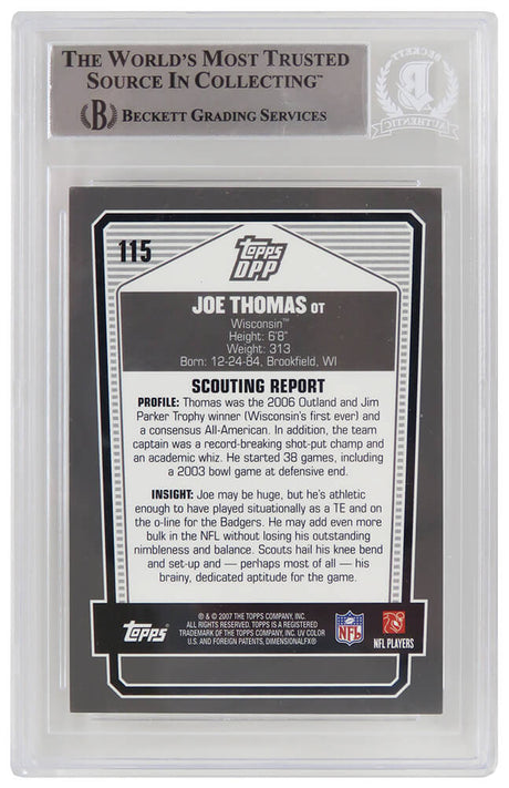 Joe Thomas Signed 2007 Topps DPP Rookie Football Trading Card #115 - (Beckett Encapsulated)