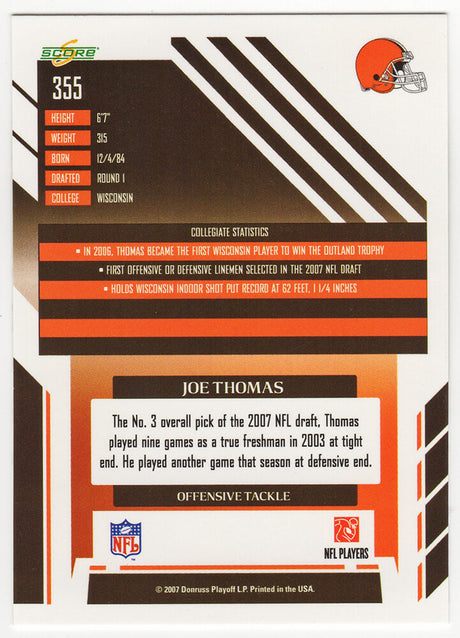 Joe Thomas Signed Cleveland Browns 2007 Score Rookie Football Card #355