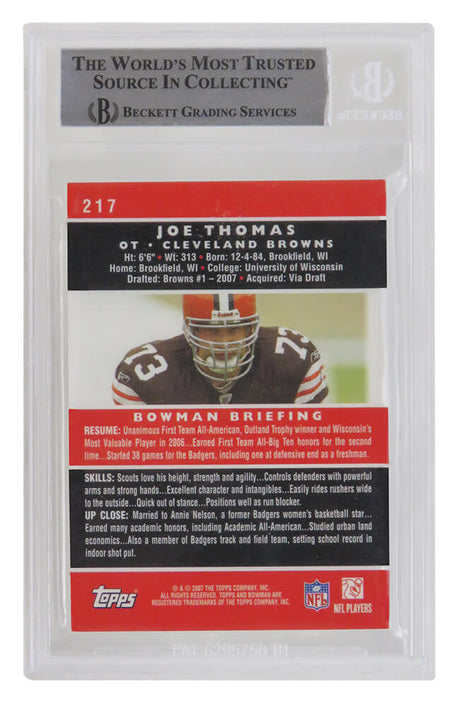Joe Thomas Signed Cleveland Browns 2007 Bowman Gold Rookie Football Card #217 - (Beckett Encapsulated)