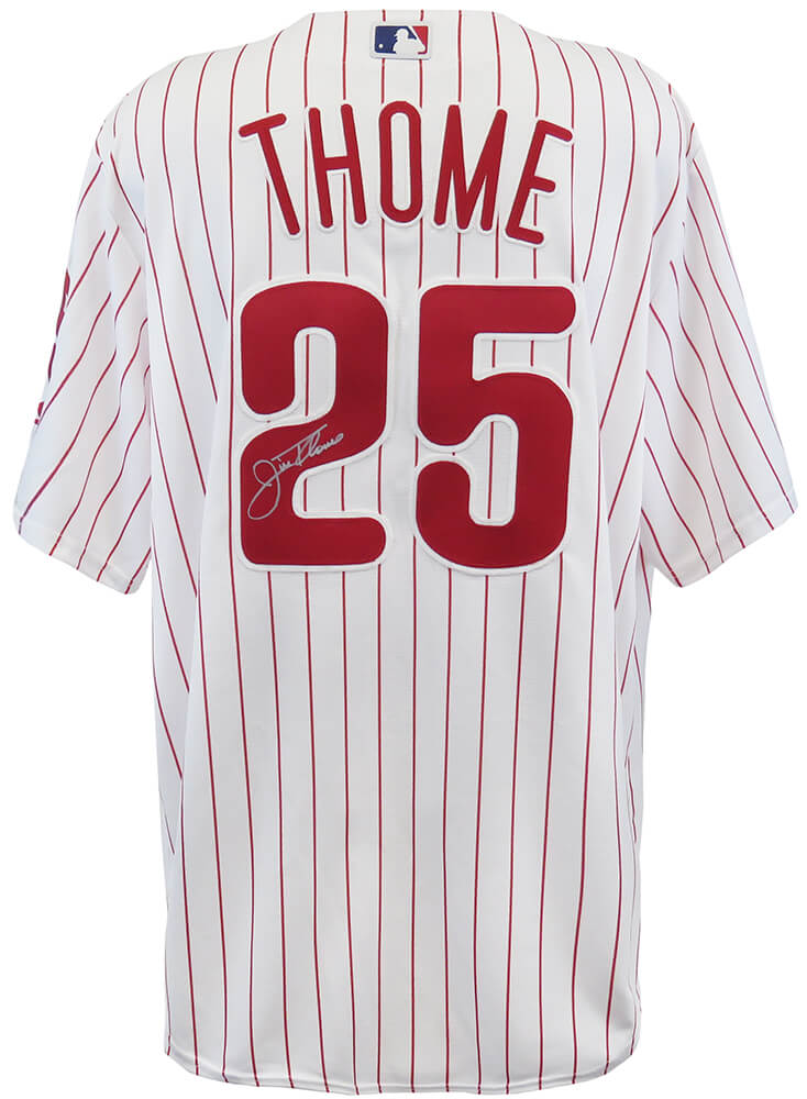 Jim Thome Signed Philadelphia Phillies White Pinstripe Majestic Replica Baseball Jersey