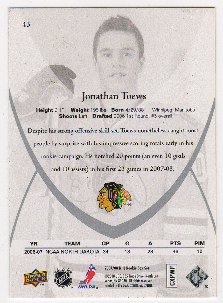 Jonathan Toews Signed 2007-08 Upper Deck NHL Hockey Rookie Box Set Hockey Trading Card #43