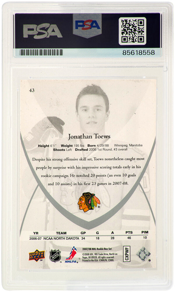 Jonathan Toews Signed 2007-08 Upper Deck NHL Hockey Rookie Box Set Hockey Card #43 - (PSA Encapsulated)