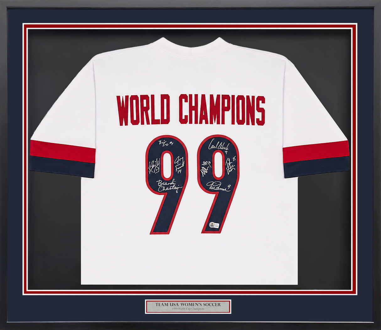 1999 Team USA Women's Soccer World Cup Champions Autographed Framed White Jersey With 8 Signatures Including Hamm & Chastain Beckett BAS Witness Stock #265406