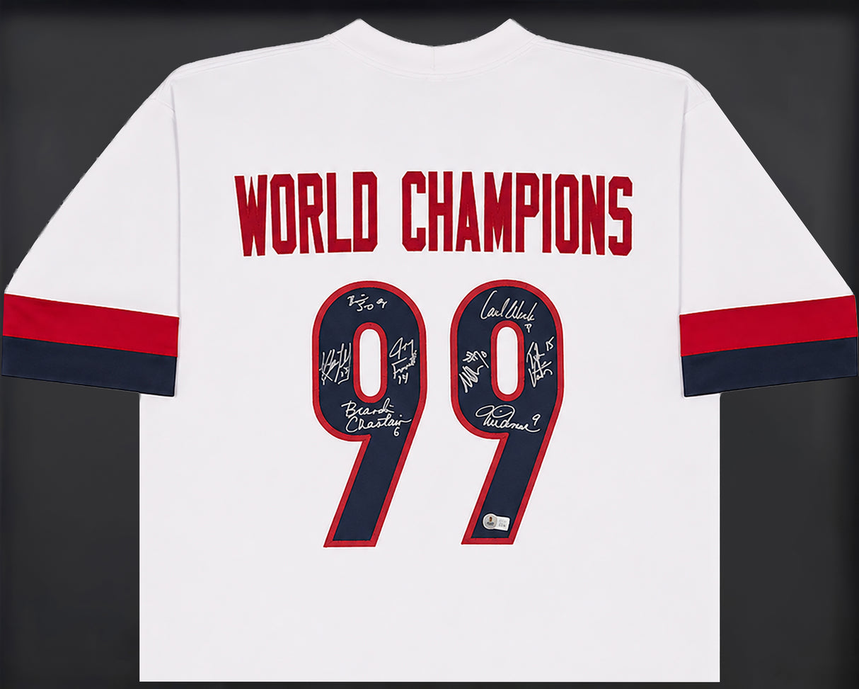 1999 Team USA Women's Soccer World Cup Champions Autographed Framed White Jersey With 8 Signatures Including Hamm & Chastain Beckett BAS Witness Stock #265406