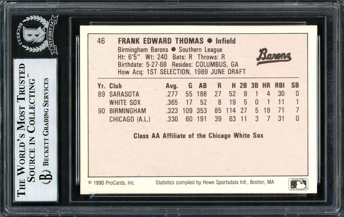 Frank Thomas Autographed 1990 ProCards Rookie Card #46 Birmingham Barons Beckett BAS Stock #185227
