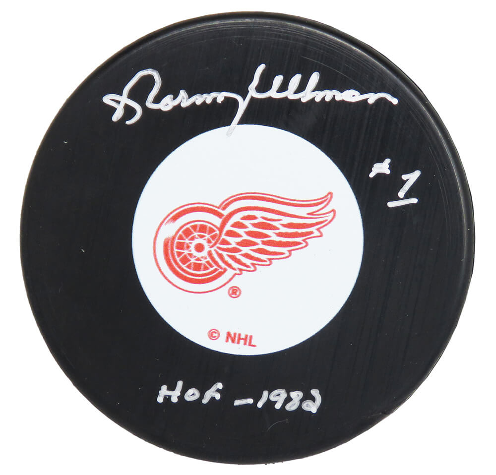 Norm Ullman Signed Detroit Red Wings Logo Hockey Puck w/HOF 1982