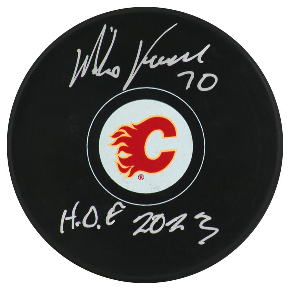 Mike Vernon Signed Calgary Flames Logo Hockey Puck w/HOF 2023