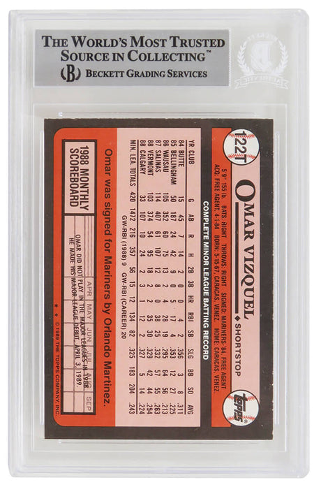 Omar Vizquel Signed Seattle Mariners 1989 Topps Traded Baseball Rookie Card #122T - (Beckett Encapsulated)